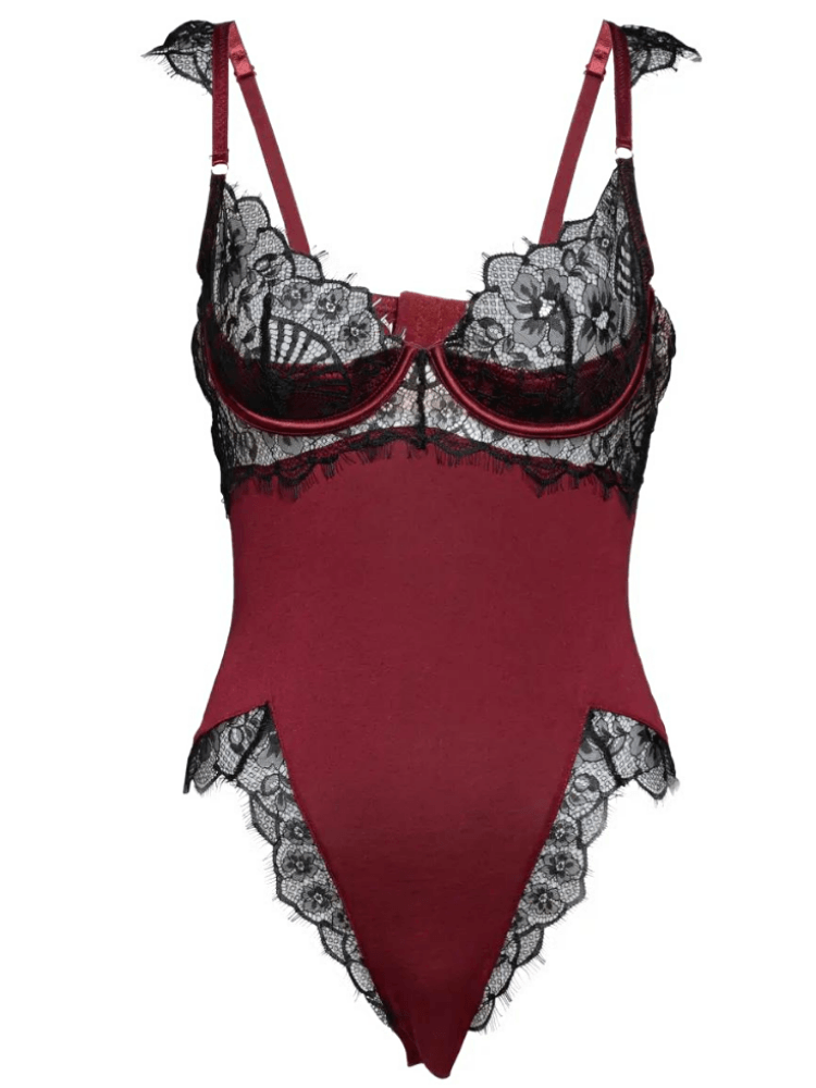 Zinfandel Jersey and black floral lace eddy with demi padded and soft lace cups and high cut hips with eyelash lace. Sensual Sinsations