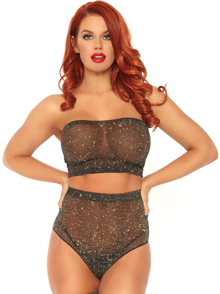 Sheer black lurex and gold shimmer bandeau top with high waist panty two piece set. - Sensual Sinsations