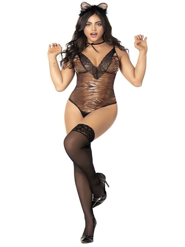 Tiger print mesh and black lace costume lingerie role[lay bedroom set with kitty ears headband.  - Sensual Sinsations