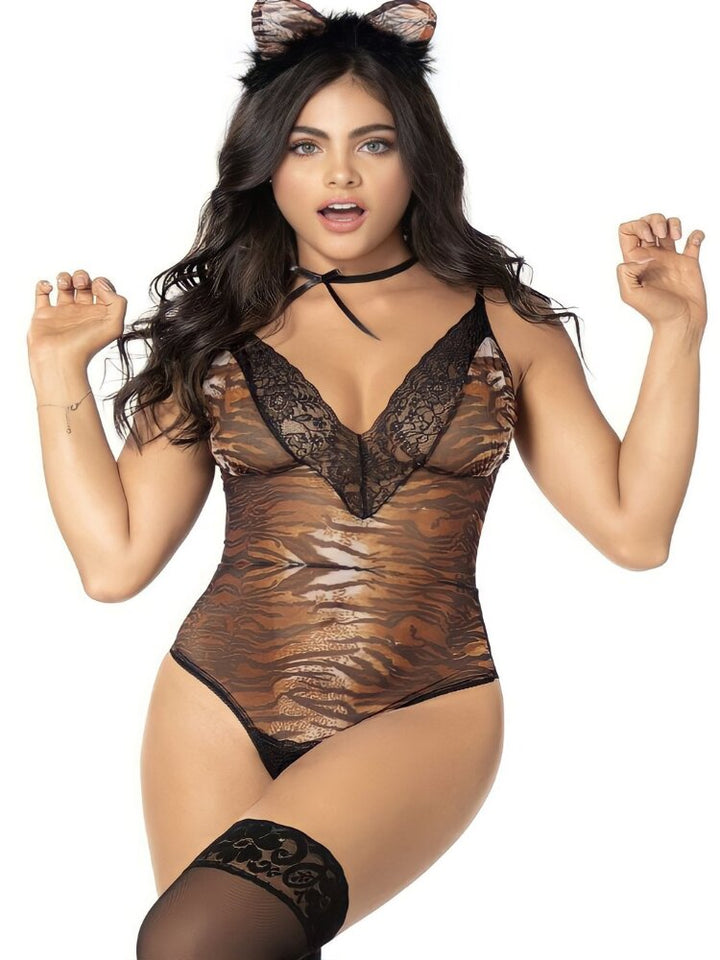 Tiger print mesh and black lace costume lingerie role[lay bedroom set with kitty ears headband.  - Sensual Sinsations