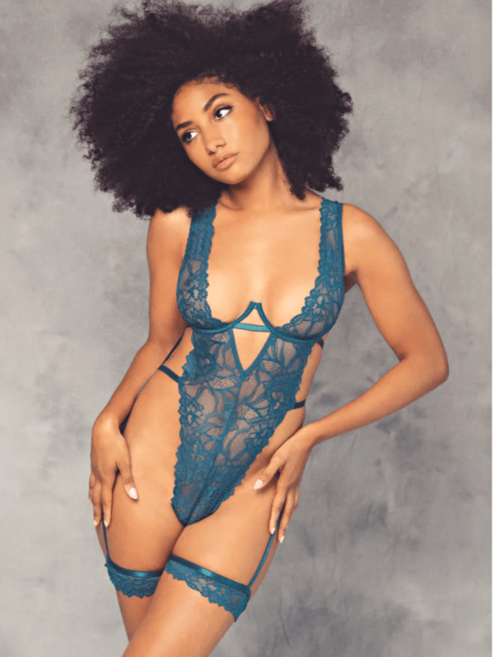 High cut deep teal v-underwire floral lace and satin strap open back teddy with floral lace and satin strap garter stays. Sensual Sinsations