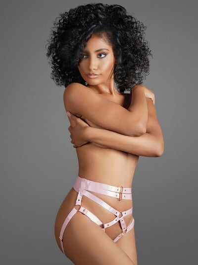 Candy pink high waist crotchless and open bottom panty with adjustable waist and booty straps with O-ring accents. - Sensual Sinsations.