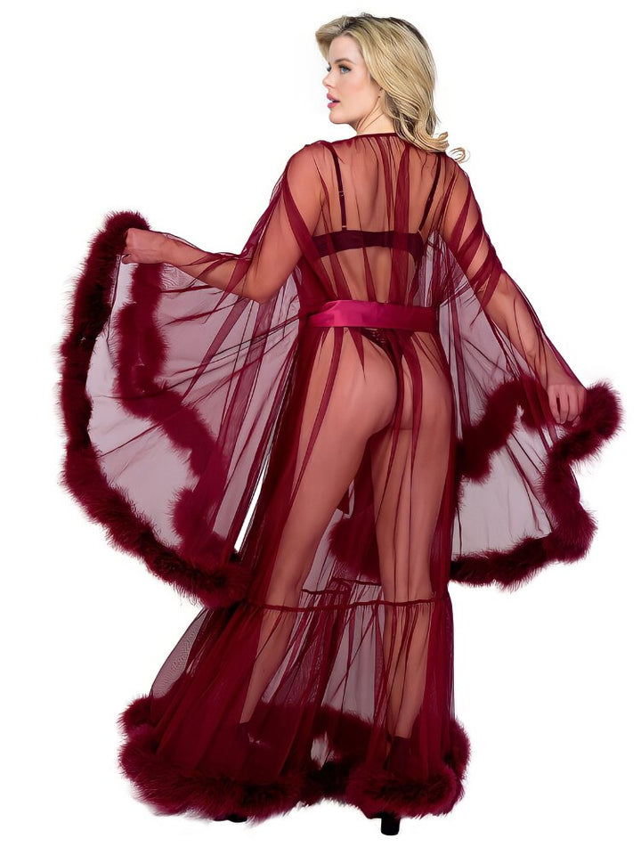 Merlot Hollywood Glam Robe. Full length, long sleeve marabou trim. - Sensual Sinsations