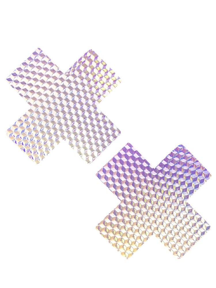 Holographic lilac 3D min crafty "X" nipple cover pasties. Latex FREE medical grade adhesive. - Sensual Sinsations