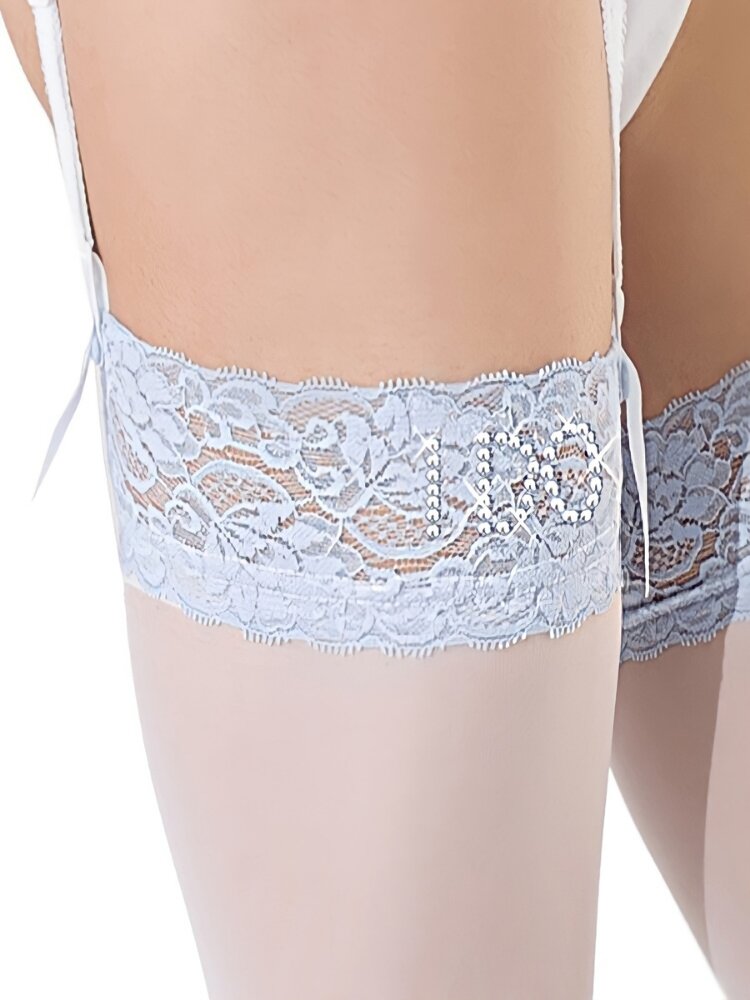 Sheer white thigh highs with light blue floral lace top and "I DO" rhinestone embellishments - Sensual Sinsations