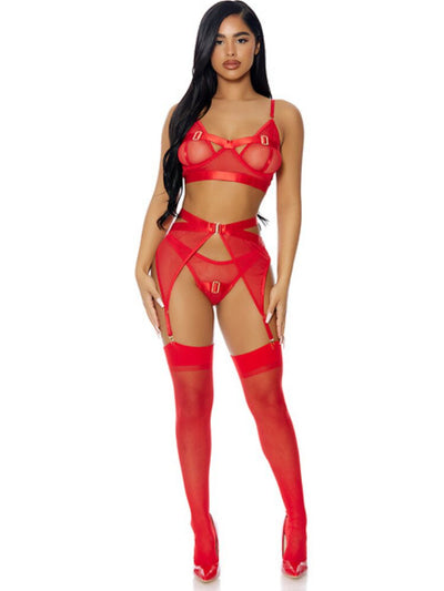 Red satin & mesh lingerie set underwire bra, matching panty and garter belt. Gold buckle detail. - Sensual Sinsations.
