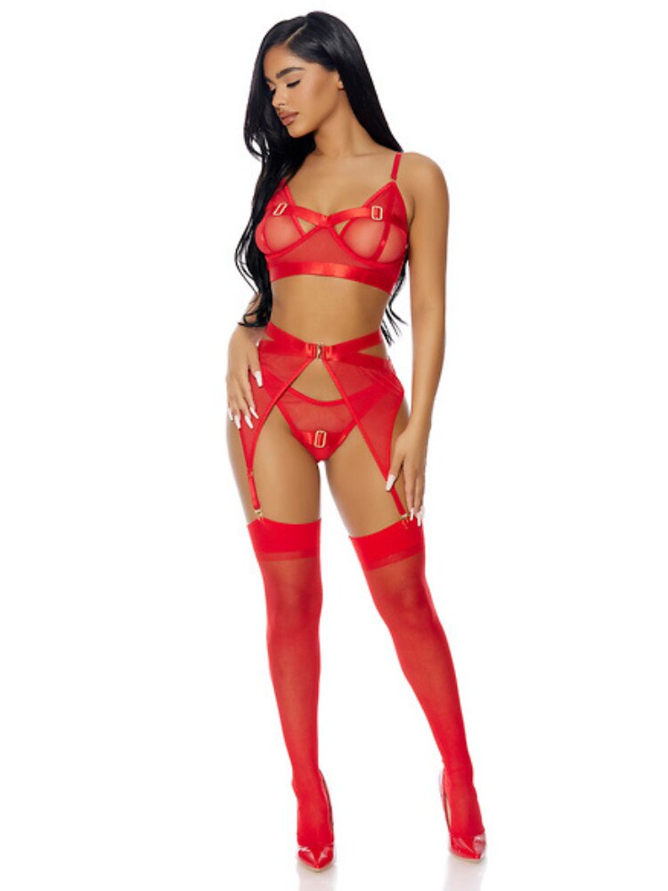 Red satin & mesh lingerie set underwire bra, matching panty and garter belt. Gold buckle detail. - Sensual Sinsations.