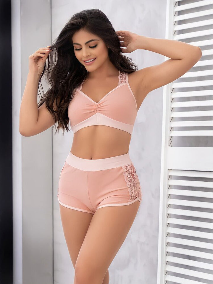 Rose petal sport bra style and pajama shorts with floral lace side panels and shoulder straps pajama 2-piece set. Sensual Sinsations
