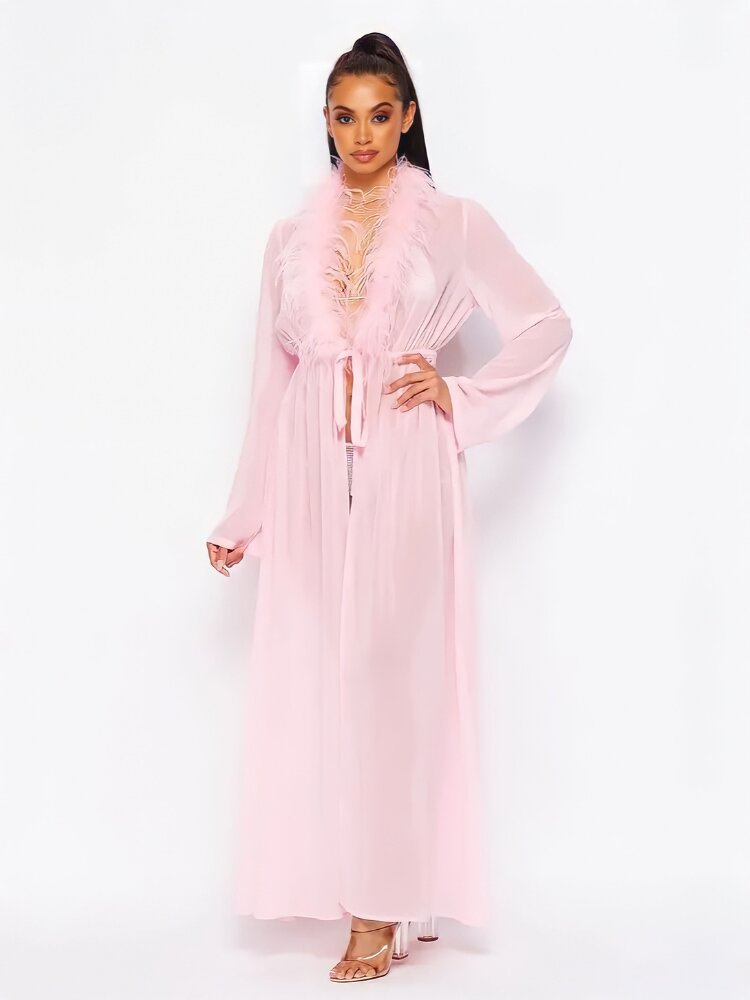 Soft pink long sleeved sheer duster with feather trim. - Sensual Sinsations