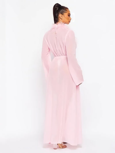 Soft pink long sleeved sheer duster with feather trim. - Sensual Sinsations