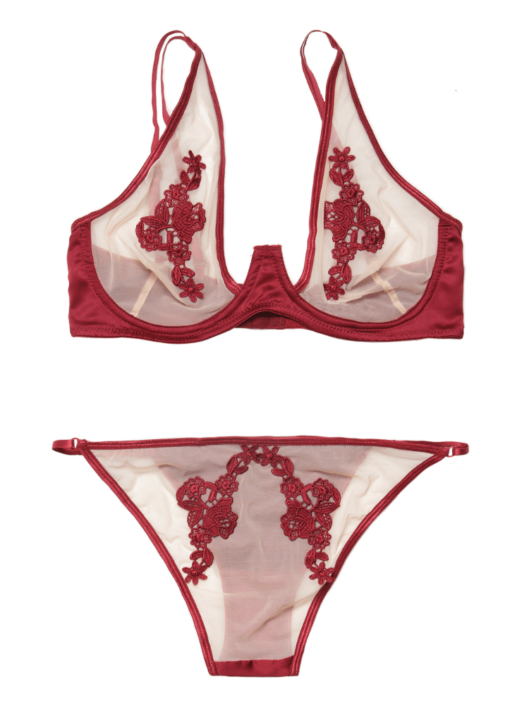 Merlot embroidered applique and sheer nude mesh cup bralette with merlot satin under bust with matching panty. Sensual Sinsations