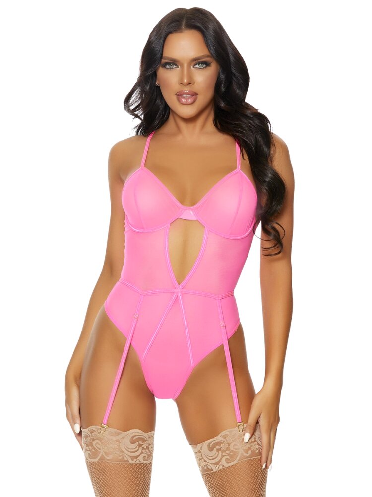 Neon pink sheer mesh teddy with underwire cups and attached garter straps, zipper back. - Sensual Sinsations