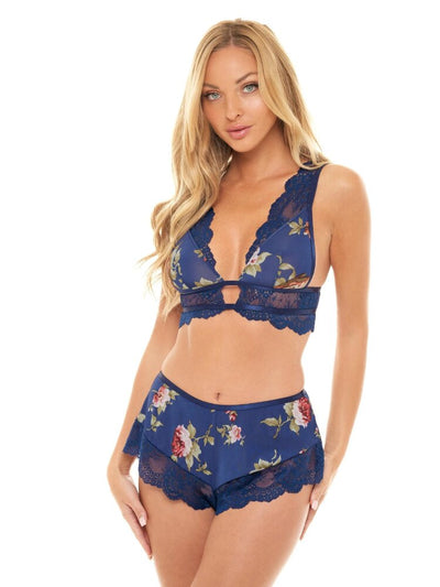 Blue microfiber with scattered rose floral print pajama set. - Sensual Sinsations