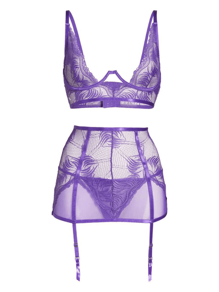 Purple geometric pattern sheer lace high waist garter skirt, underwire bra and g-string panty Sensual Sinsations