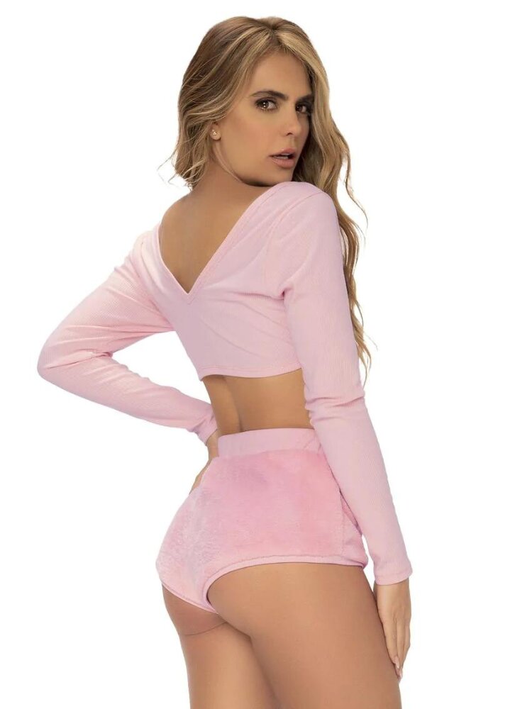 Velour look pale pink long sleeve crop top and pajama set. - Sensual Sinsations