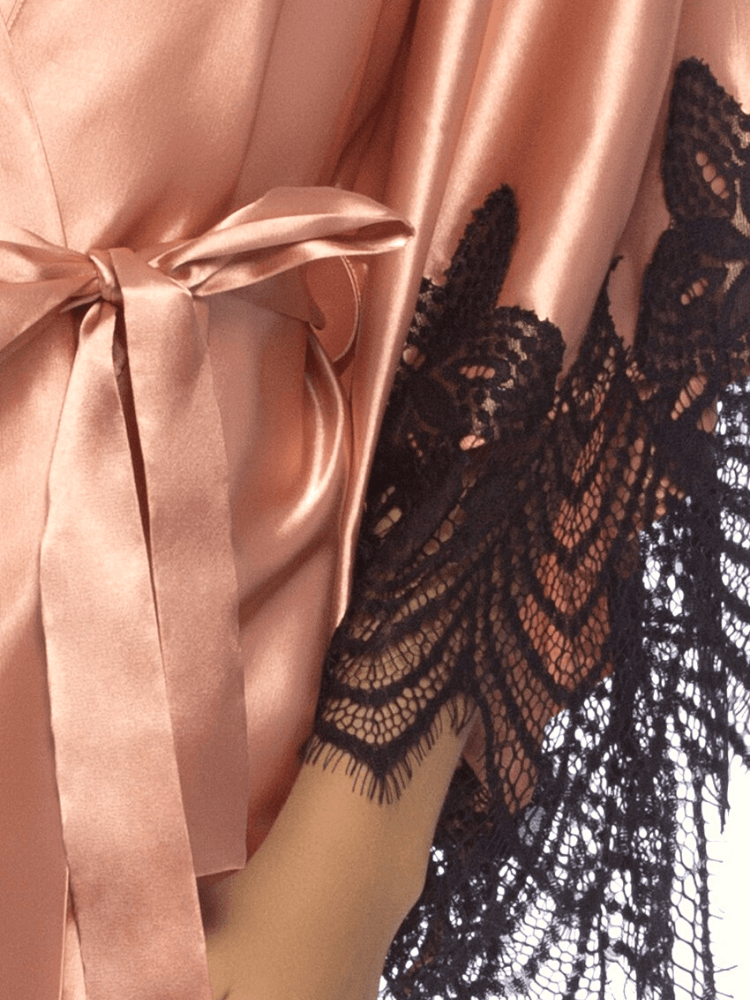 Plus Size Peach Rose Satin & Lace Robe - Sensual Sinsations