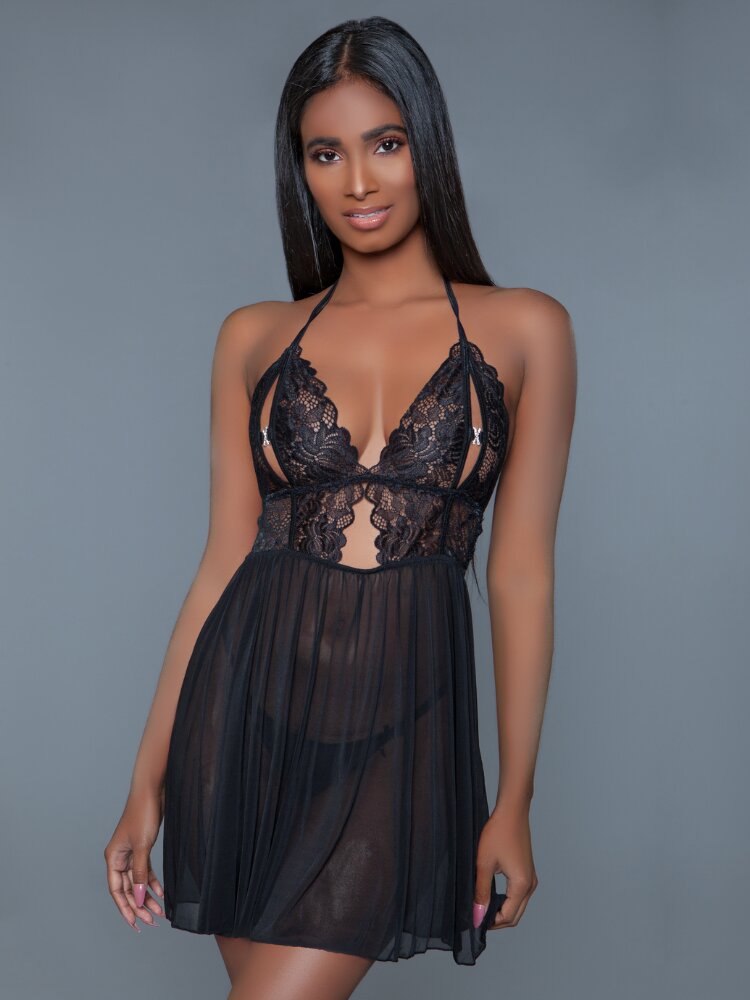 Back sheer lace peek-a-boo cup babydoll with rhinestone accent and halter tie neck and sheer black mesh bodice.  - Sensual Sinsations
