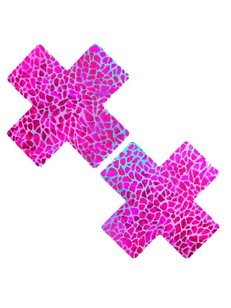 Pink blacklight holographic "x" pasties. - Sensual Sinsations