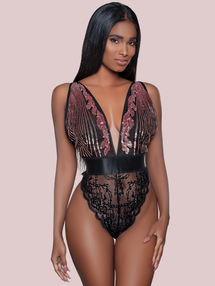 Black floral lace deep plunging teddy with raspberry pink sequins and high cut hips and cheeky bottom. - Sensual Sinsations