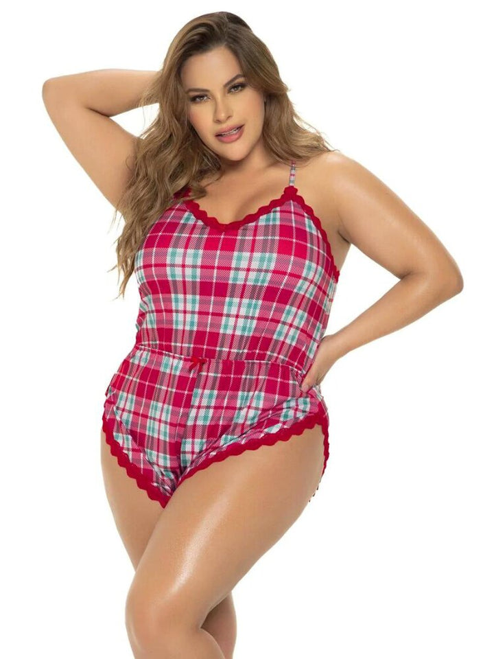 Plus size plaid and red lace holiday pajama romper. - Sensual Sinsations