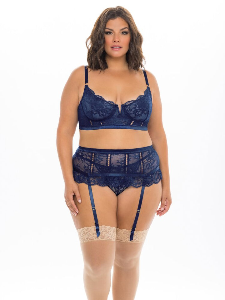 Plus size estate blue unline underwire lace bra, high waist garter belt and g-string panty three piece set. - Sensual Sinsations