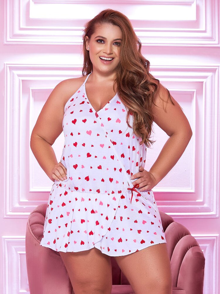 Plus size v-neck white mini dress with red and pink hearts, adjustable straps and matching red lace cheeky panty. - Sensual Sinsations