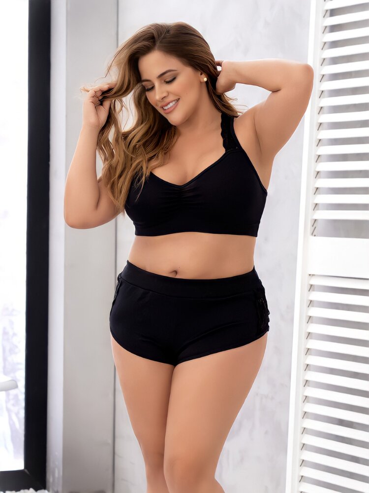 Plus size black 2 piece pajama set, bralette and shorts with floral lace side panel - Sensual Sinsations