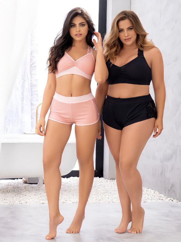 Plus size black 2 piece pajama set, bralette and shorts with floral lace side panel - Sensual Sinsations