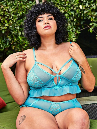Plus Size bright blue semi sheer blue floral lace and mesh cropped bralette with ruffles and matching high waist panty - Sensual Sinsations