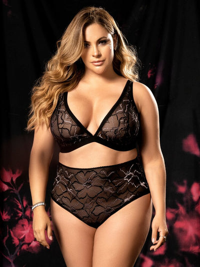 Plus Size black bralette and high waist panty with bicolor threading.  - Sensual Sinsations