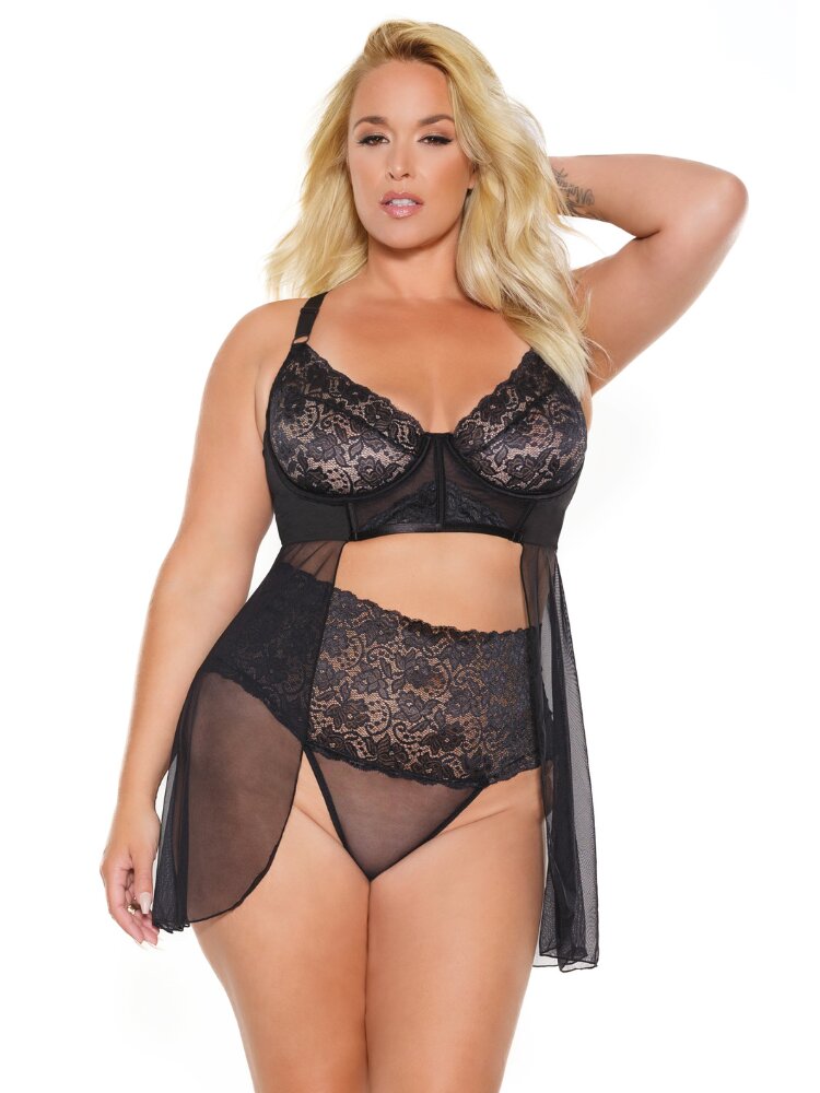 Plus size black lace and mesh babydoll bra and panty lingerie set. - Sensual Sinsations