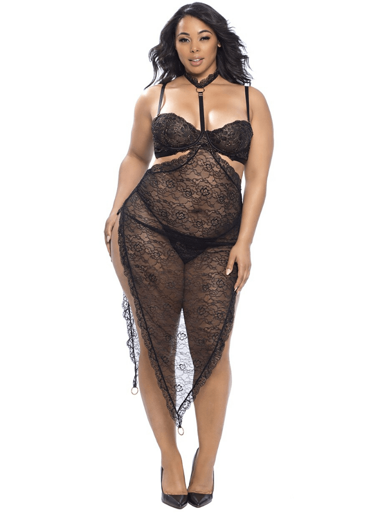 Plus size black and gold lace bra & panty set with choker dress and removable sleeves - Sensual Sinsations