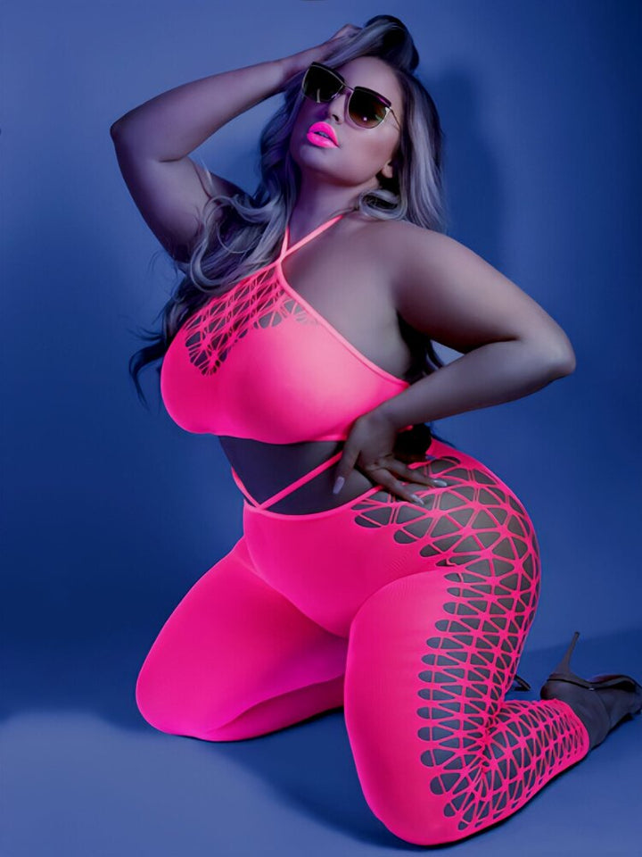 Plus size blacklight neon pink cutout bodystocking. - Sensual Sinsations