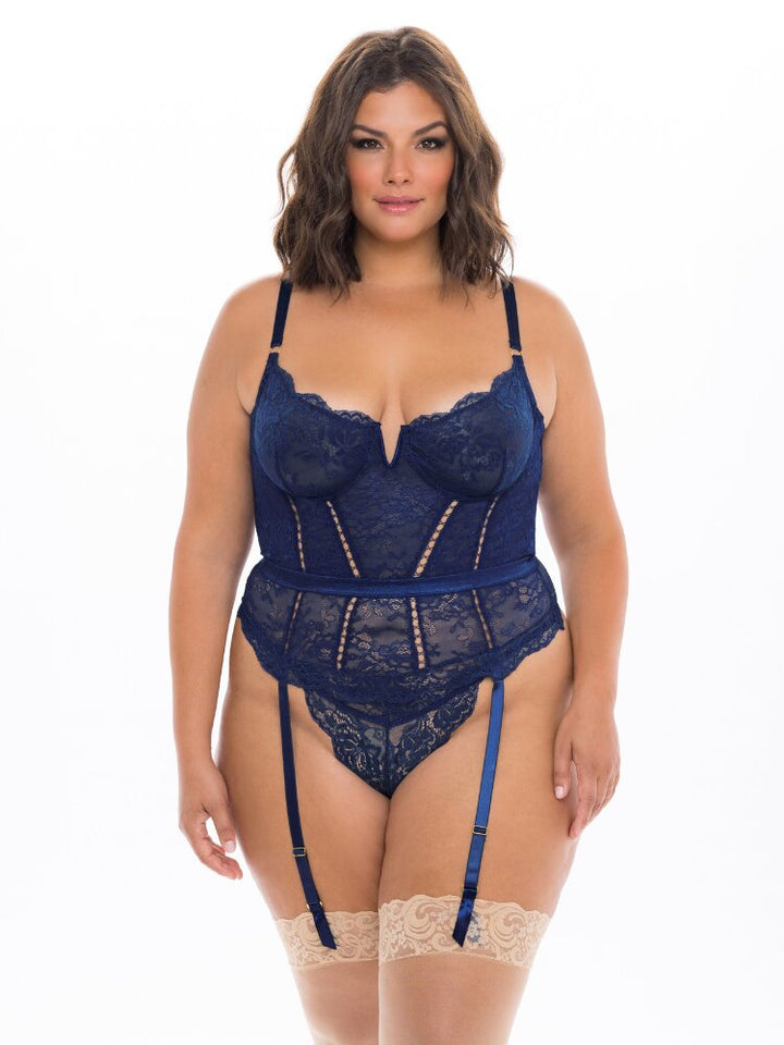Plus size Estate Blue floral lace underwire merrywidow set with attached garter belt and matching thong panty. - Sensual Sinsations