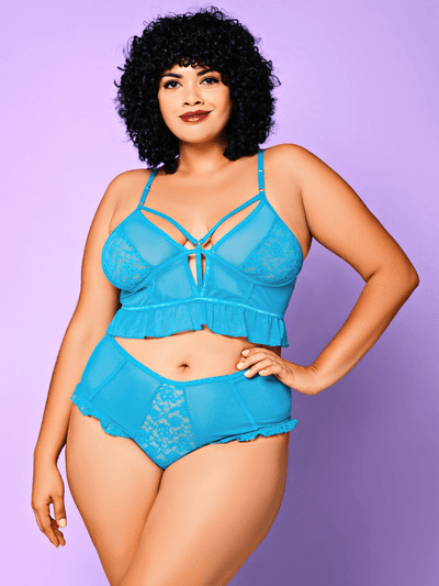 Plus Size bright blue semi sheer blue floral lace and mesh cropped bralette with ruffles and matching high waist panty - Sensual Sinsations