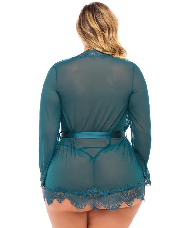 Plus size deep teal sheer mesh robe with lace trim and a double faced satin sash. - Sensual Sinsations