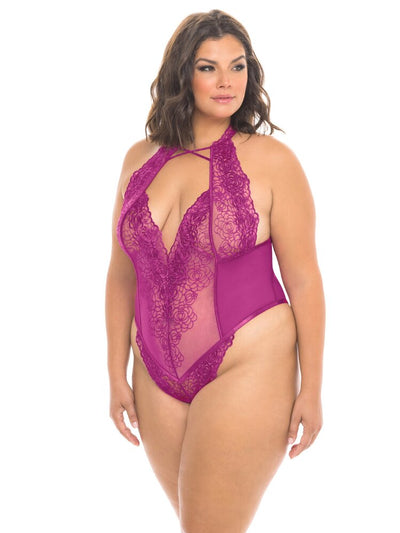 Plus Size Sheer embroidered fuchsia floral lace teddy with front keyhole and high cut hips- Sensual Sinsations