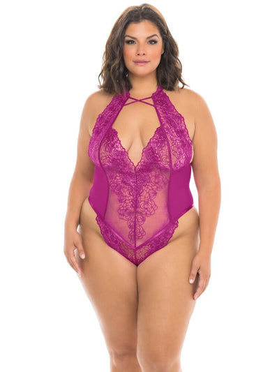 Plus Size Sheer embroidered fuchsia floral lace teddy with front keyhole and high cut hips- Sensual Sinsations