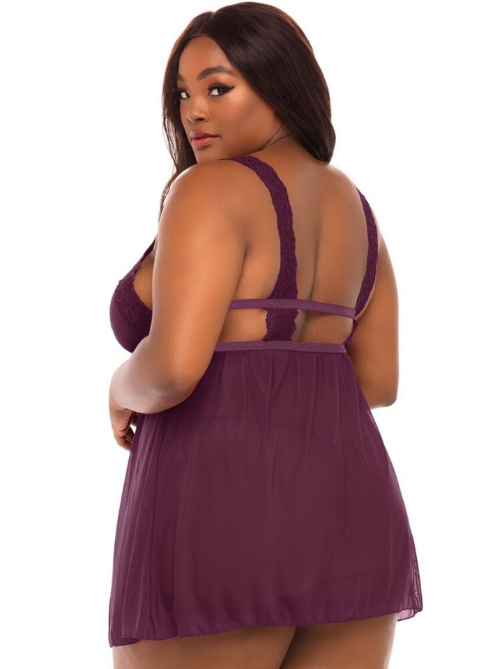 Potent purple plus size floral lace and semi sheer mesh empire waist babydoll and thong panty. - Sensual Sinsations