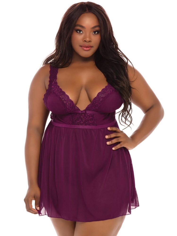 Potent purple plus size floral lace and semi sheer mesh empire waist babydoll and thong panty. - Sensual Sinsations