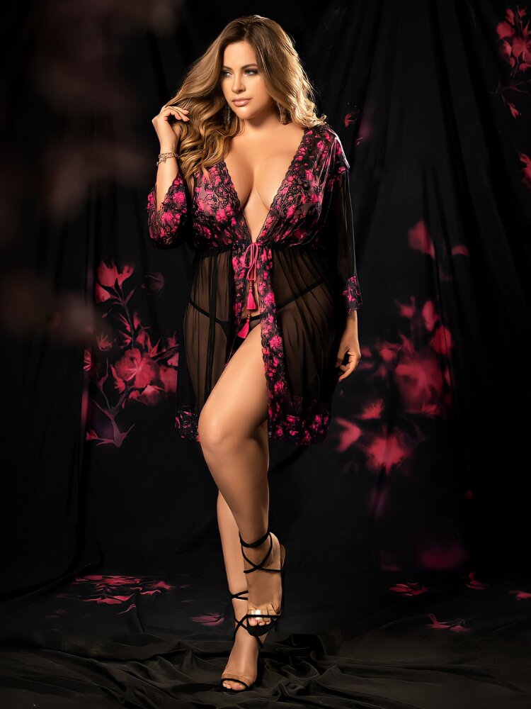 Plus size Floral lace and black mesh 3/4 sleeve and open back robe with g-string panty. Sensual Sinsations
