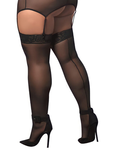 Plus size Sheer black mesh and floral lace top silicone lined thigh highs - Sensual Sinsations