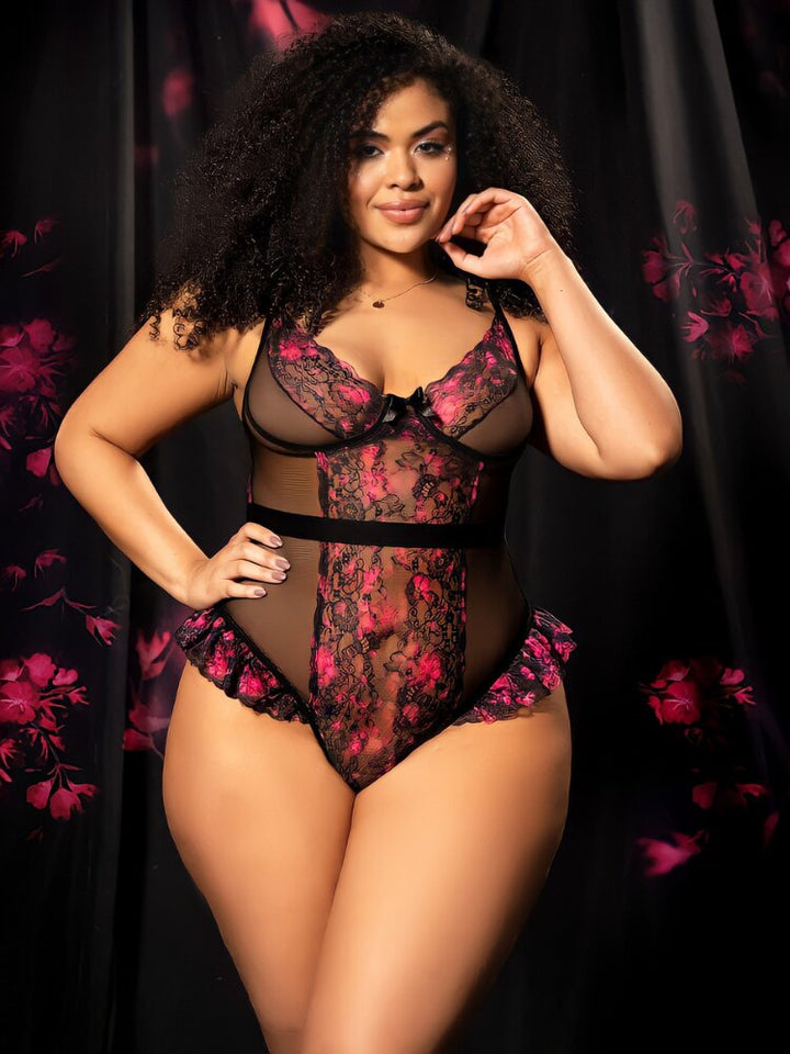 Plus Size Floral Goddess Teddy magenta floral lace and black mesh bodice with floral lace ruffled hips and soft mesh cups. Sensual Sinsations