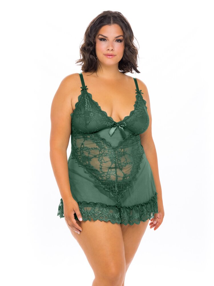 Plus size dark green floral lace and sheer mesh babydoll with satin bows and g-string panty. - Sensual Sinsations