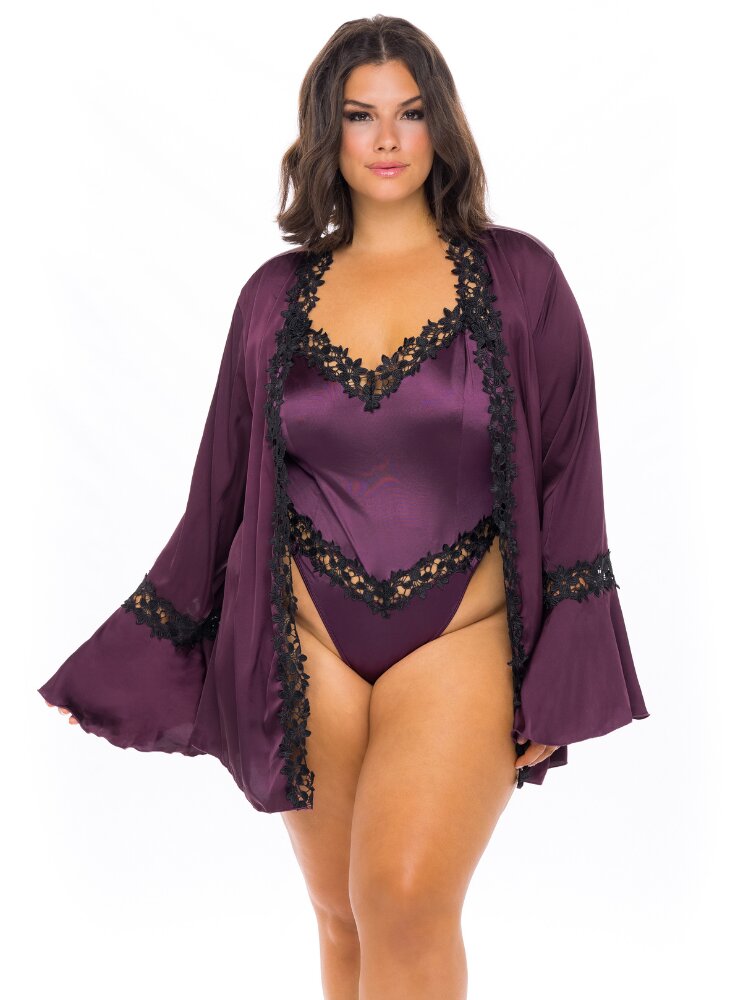 Plus Size Italian Plum Satin Robe short length will dramatic bell sleeves and black floral embroidered trim- Sensual Sinsations