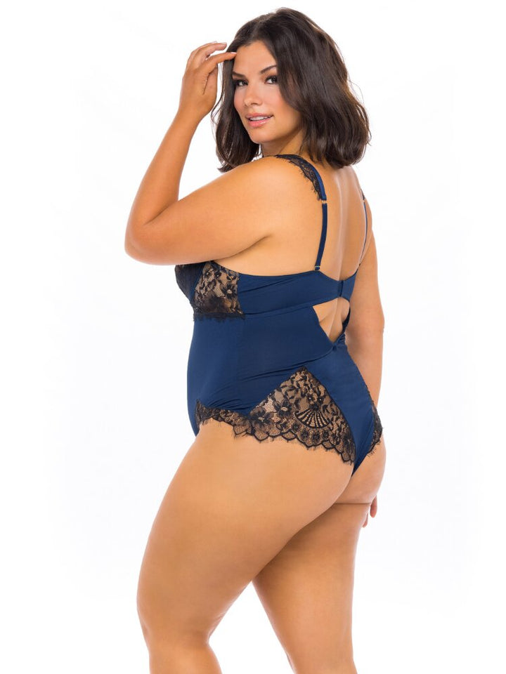 Plus size estate blue jersey knit and black lace teddy with molded shelf underwire cup and lace capped sleeves. - Sensual Sinsations