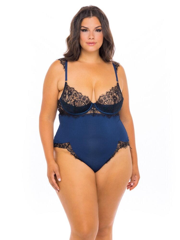 Plus size estate blue jersey knit and black lace teddy with molded shelf underwire cup and lace capped sleeves. - Sensual Sinsations