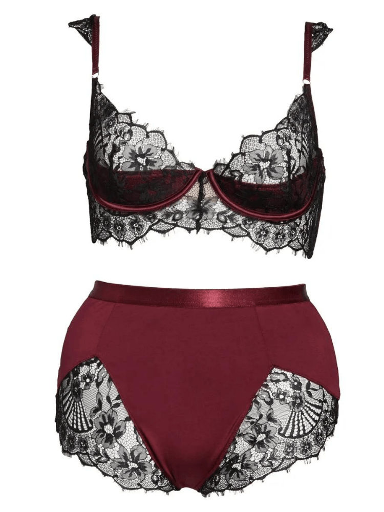 Plus size floral lace and jersey knit two piece bra and panty set with high waist panty and satin trim Sensual Sinsations