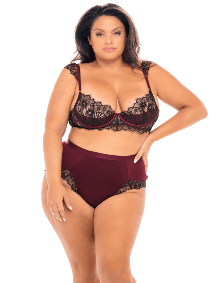 Plus size floral lace and jersey knit two piece bra and panty set with high waist panty and satin trim Sensual Sinsations