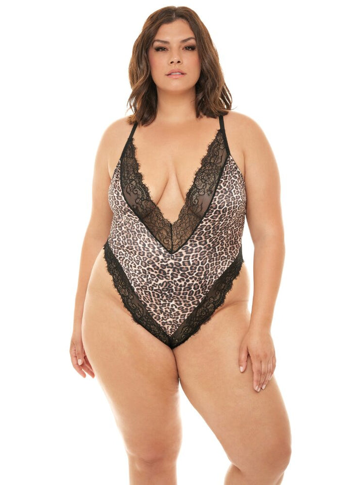 Plus size leopard print and lace satin plunging teddy. - Sensual Sinsations. 